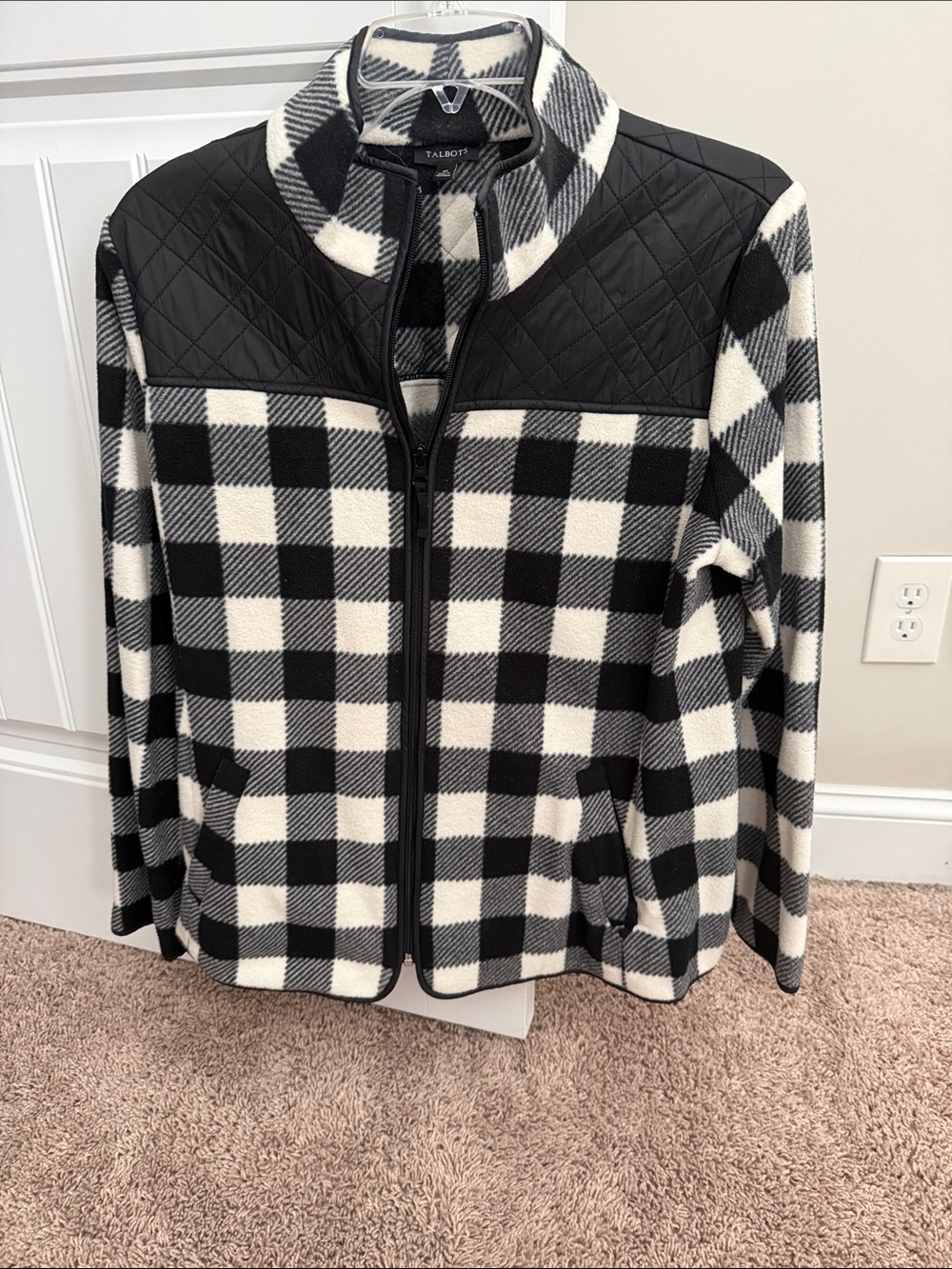 Talbots Black and White Buffalo-Check Teddy Jacket with Quilted Yoke